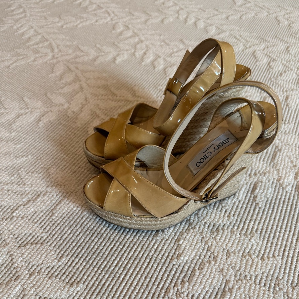 Jimmy Choo Beige Patent Wedge Sandals